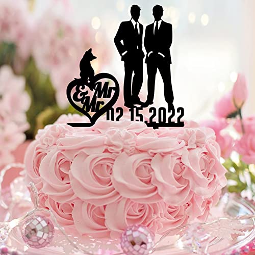 Figurines de gâteau de mariage gay en acrylique noir avec chien, chat, couple masculin, plage, mariage, décoration de gâteau de mariage LGBT, fournitures de...