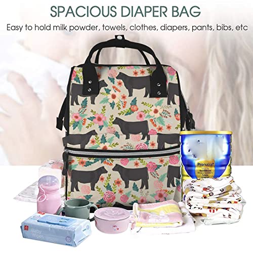 Manluu-Pink-Flower-Show-Steer-Cows-Cattle-Printed-Diaper-Bag-Organizing-PouchesLarge-Capacity-Multifunction-Diaper-Bag-Backpack-For-Baby-Girls-Boys
