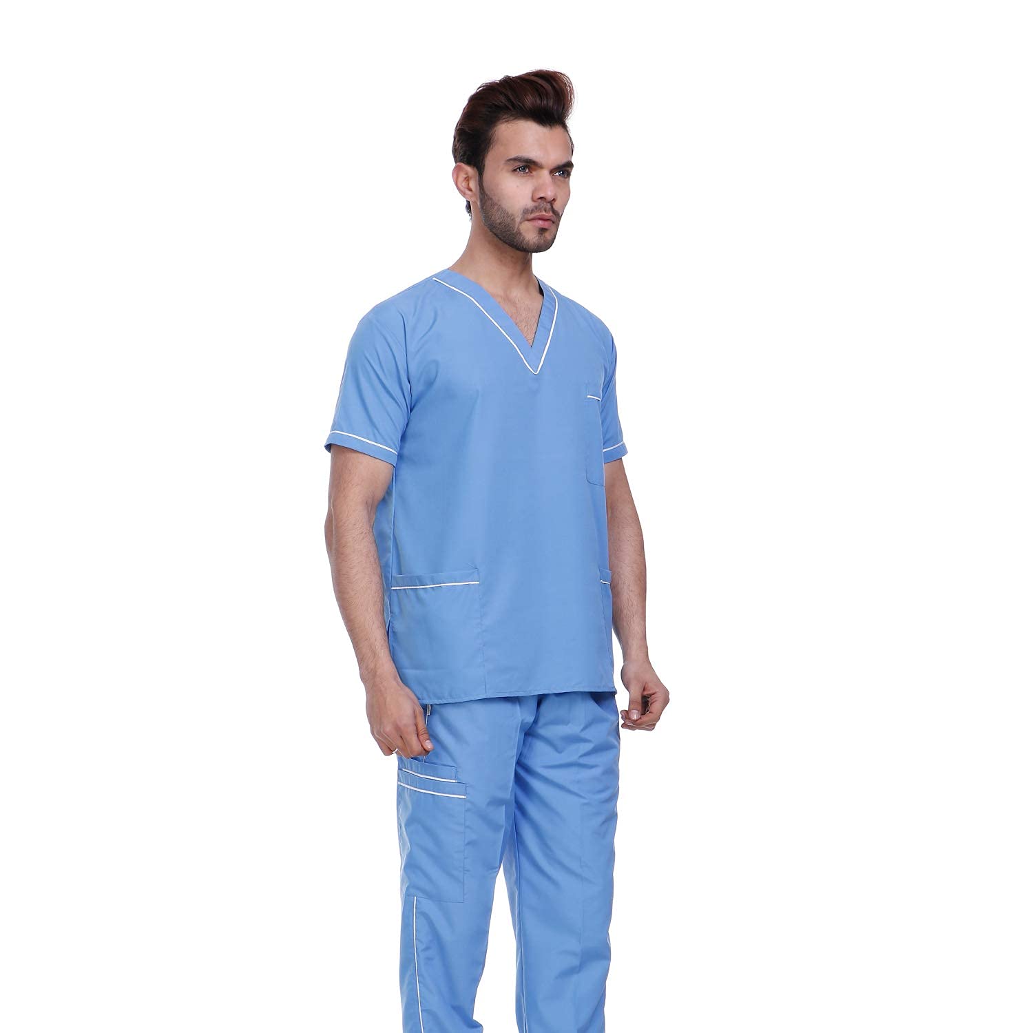 SAINI_MEDICOS - Set di tuta chirurgica unisex con bordino a V, 3 tasche e pantaloni cargo (confezione da 5)