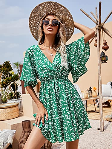 Image of Floerns Women's Tropical Floral Plunging V Neck Tie Open Back Summer Short Dress