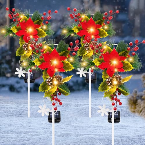 Piquets de Noël solaires étanches de 81cm : croix décoratives avec poinsettia et pommes de pin