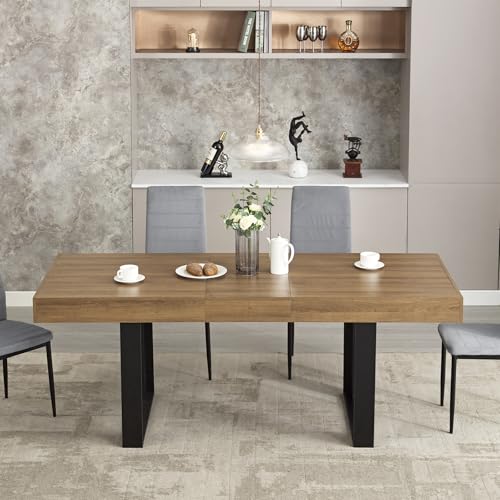 Image of 63-79 Inch Extendable Dining Table, Wooden Rectangle Kitchen Table for 6-8