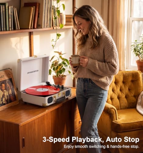 Image of 3-Speed Bluetooth Record Player,Portable Suitcase Turntable,White