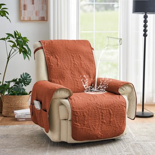 Image of Orange Quilted TV Recliner Covers, Waterproof Medium Recliner Chair Covers, Lazy Boy Chair Covers, Pet Friendly Recliner Slipcover for Dogs, Washable Couch Cover (Recliner 26 inch, Burnt Orange)