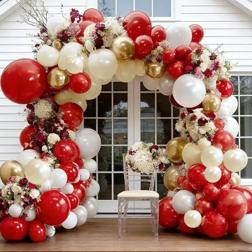 Image of Red White Gold Balloon Garland Double Stuffed Burgundy Red White Sand Pearl Balloon Arch Kit Maroon Wine Balloons for Birthday Bridal Shower Wedding Anniversary Graduation Party Decorations