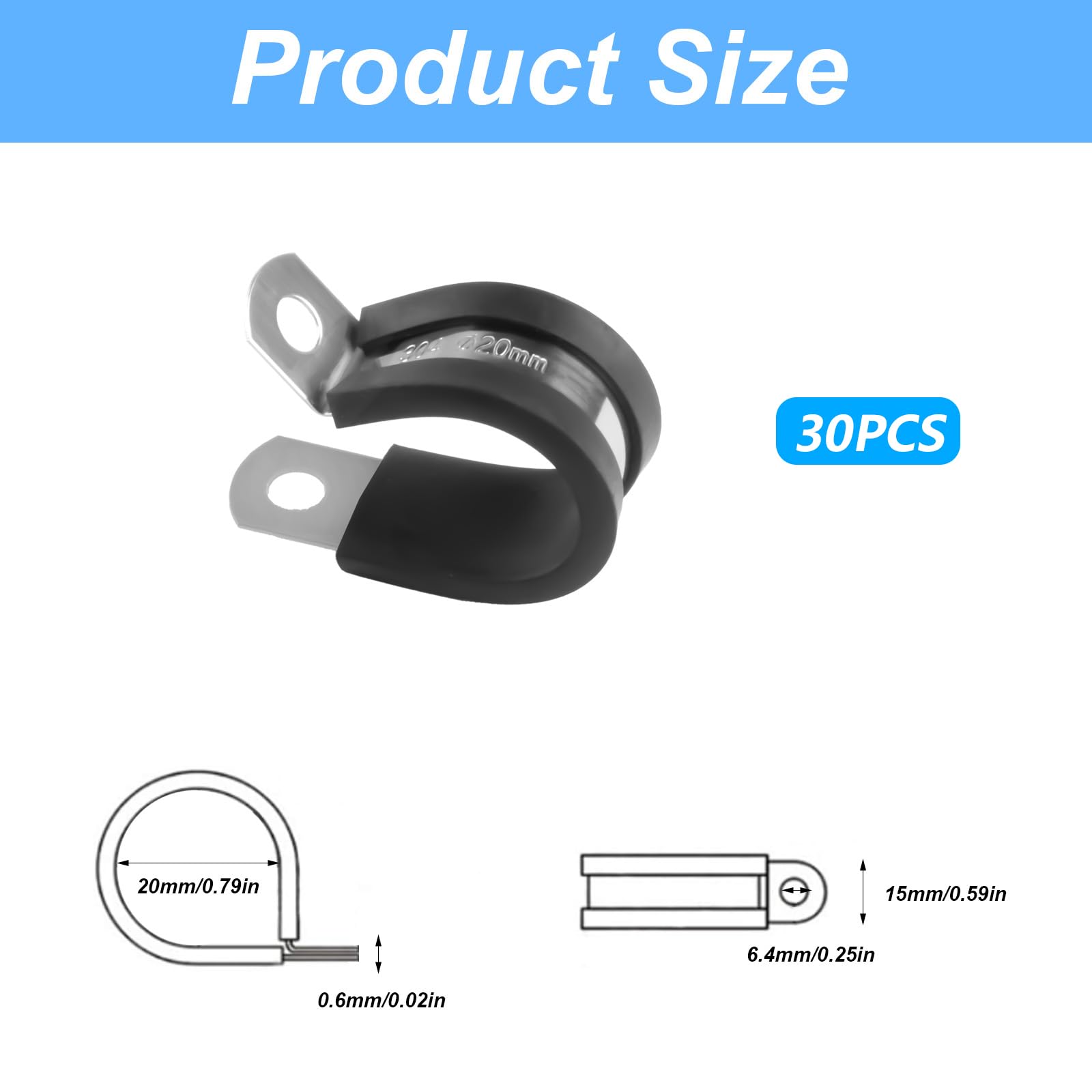 Stainless Steel Rubber Lined P Clips Assorted, 30 Pcs 20mm Hose Pipe Clamps, Hose Conduit Clips - Image 2