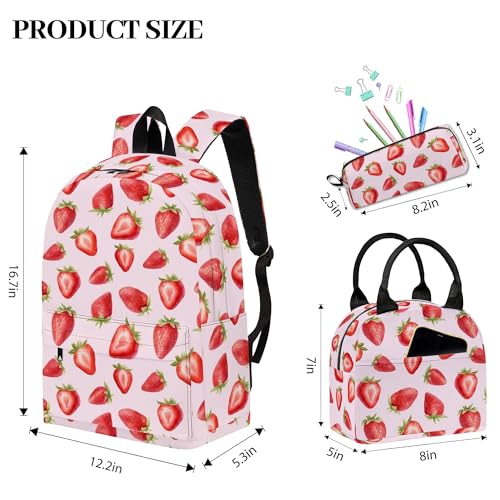 Image of Strawberry Printed Backpack Set for Girls Kids, 3Pcs Bookbag with Pencil Case for Back to School, 17 Inch Lightweight Laptop Backpack with Lunch Bag for Women Teens Office, High School