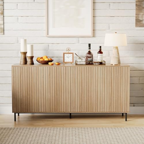63" Fluted Sideboard Buffet Cabinet with 4 Doors, Modern Accent Storage Cabinet with Adjustable Shelves and Metal Legs, Console Table Coffee Bar Credenza for Living Room Dining Room- Natural Oak