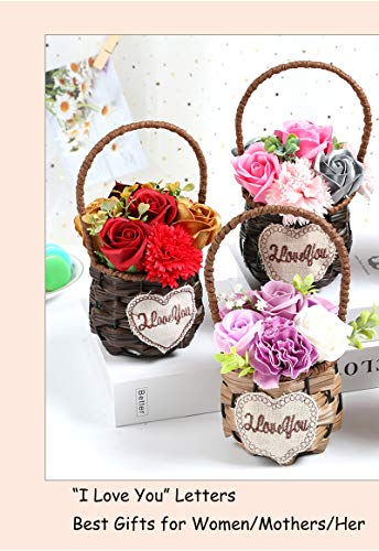 Artificial Red Rose Flowers In Basket With I Love You Letters Mother's Day Flower Gifts For Wife, Plastic Plants Decorations For Farmhouse Rustic Wedding Table Home Decor Indoor Floral Decor #TOP6