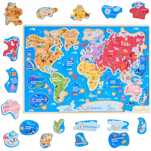 Montessori World Map Wooden Puzzle for Kids Ages 4-6