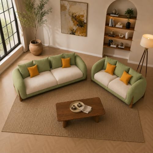 Image of Modern Dual Shade Sofa, Teddy Boucle Fabric, Chesterfield Style, Wooden Legs, for Living Room, Bedroom, Hallways (3+2 Seater, Olive+Off White)