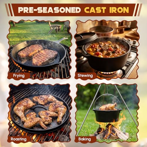 Image of Geetery 15 Pcs Pre-seasoned Cast Iron Cookware Set, Dutch Oven Camping Accessories Kit with Skillet, Pan, Pot, Gloves, Lid Lifter, Storage Bag, Scrubber for Kitchen Ourdoor Campfire Grill BBQ Cookware