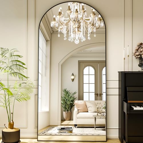 Arched Full Length Mirror with Aluminum Frame – Free-Standing or Wall Mounted (Black)