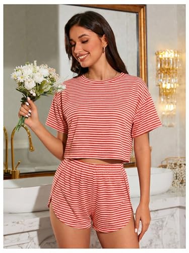 Image of OYOANGLE Womens Pajama Sets 2 Piece Sexy Lounge Sets Summer Cute Pjs Striped Print Tee and Side Split Shorts Set
