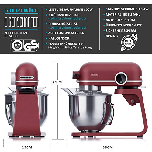 Arendo - Küchenmaschine Knetmaschine - Teigmaschine 5 Liter - leistungsstark - hochwertiges Metall Gehäuse ohne Plastik – planetarisches Rührsystem - Edelstahlschüssel - 8 Schaltstufen, Rot – Bild 3