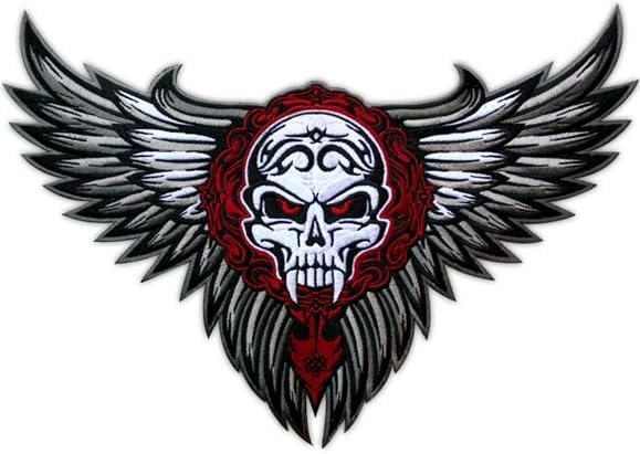 VEGASBEE® Big Winged Skull Wings Patch Tribal Tattoo Style Embroidered Iron-On Emblem for Jacket Vest Denim - Large Size 12
