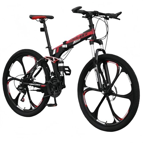 TBMTOAL Bicicleta Plegable De 24 Velocidades,Bicicleta Plegable De Montaña, para Adultos MTB, Altura Ajustable,Neumáticos Engrosados ​​Antideslizantes Y Resistentes Al Desgaste Black and Red,B