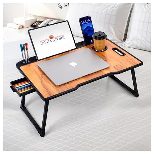DIVIJA STORE Smart Multipurpose Foldable Laptop Table with Cup Holder, Study Table, Bed Table, Breakfast Table, Foldable and Portable/Ergonomic & Rounded Edges/Non-Slip Legs (Wood), 59 cm, 8 cm