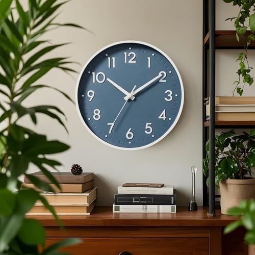 Image of Mosewa Wall Clock 12 Inch, Battery Operated Silent Non-Ticking Modern Analog Clock Decorative for Kitchen, Bedroom, Office, Living Room(Azure Blue)