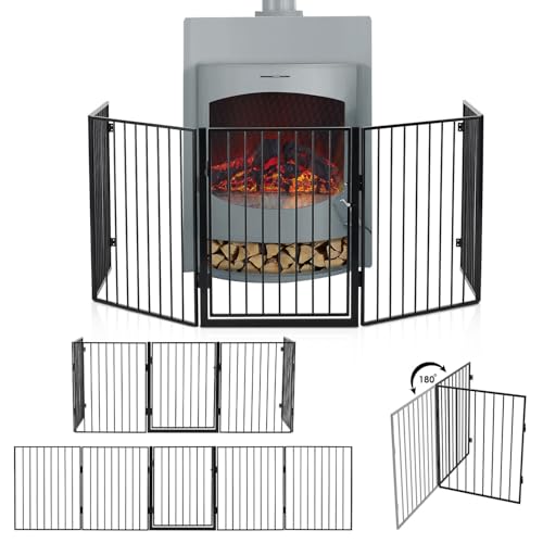 Juskys Metall Kaminschutzgitter 300 x 76 cm klappbar - Schutzgitter für Tiere - 5 Elemente inkl. Tür - Laufgitter Absperrgitter