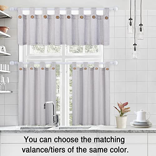 Nanan Small Kitchen Bathroom Curtains Window 45 Inch Length Linen Striped Tier Curtains With Solid Button, Half Window Curtain For Bathroom Window Treatment, 27"X45", Grey, 2 Panels #TOP2