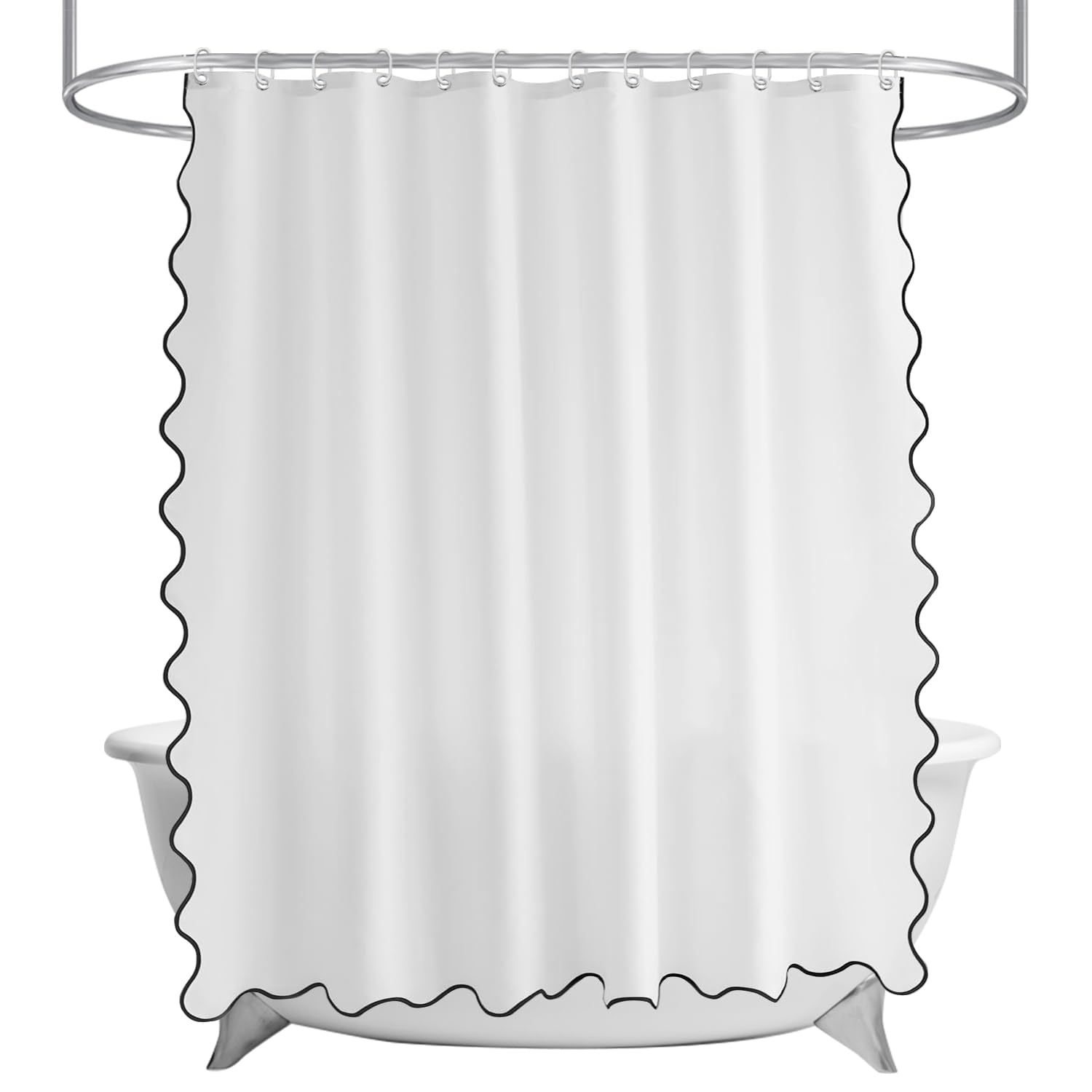 TheBlackSpot Small Stall White Boho Shower Curtain with Scalloped Border Chic Theme Narrow Fabric Bathroom Decor with Hooks Waterproof Washable (Black, 78" H x 72 W)