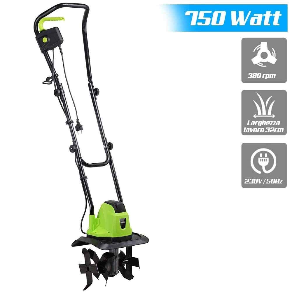 Bakaji Motoazada para huerto eléctrico Potencia 750W Zappadora de Motor eléctrico 4 Cuchillas de 20cm Ancho de Trabajo 32 cm Velocidad 380 RPM con Mango ergonómico para Cultivos de jardín