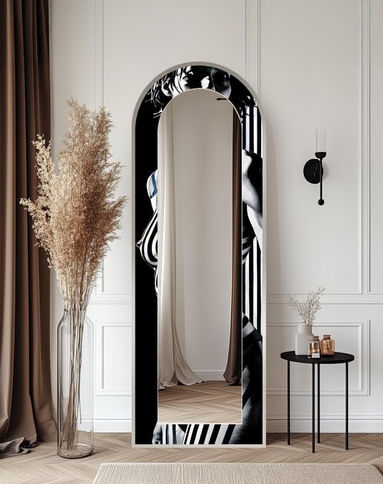 Muse monocromatica da 63,5 x 160 cm (larghezza x altezza), specchio da pavimento nero e bianco ad arco a tutta lunghezza - Specchio da pavimento colorato con cornice nera con