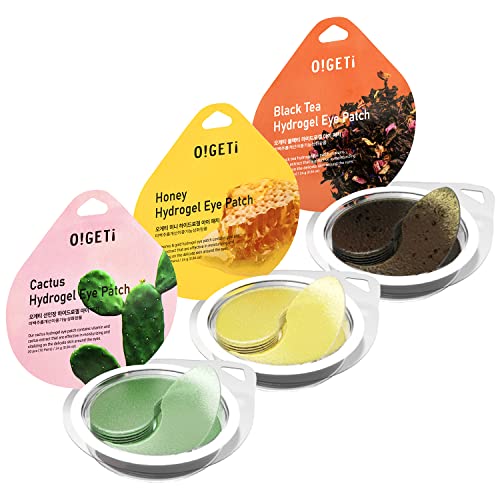 O!GETi Hydrogel Under Eye Patches (30 pairs) – Moisturizer Gel Pads: Black Tea, Honey, Cactus Extract – For Puffy Eyes & Dark Circles Relief – Firming, Brightening, Anti-aging Korean Skincare, Deep Moisturizing Self Care Gift for Women