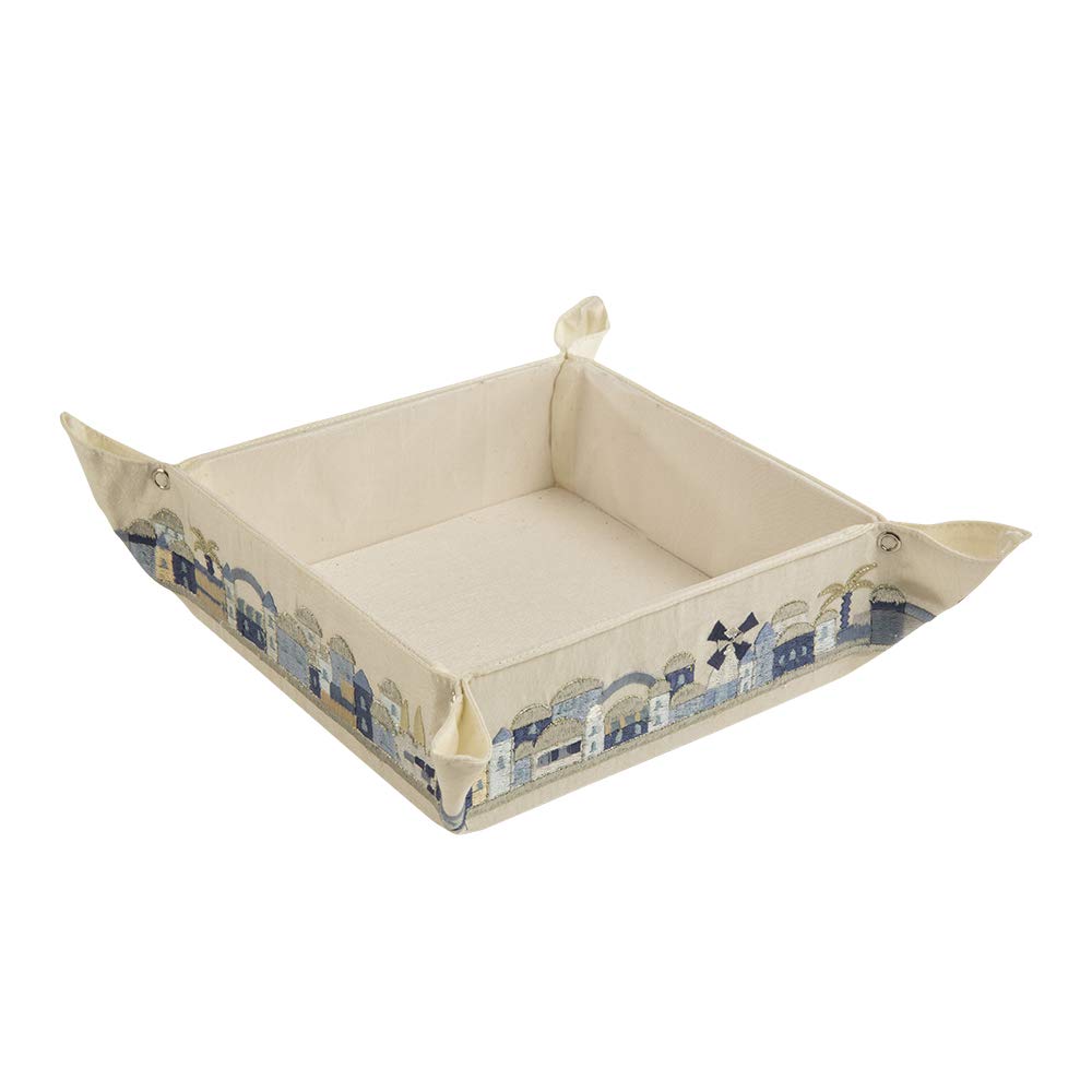 Yair Emanuel Matzah Box for Seder - Holder For Passover Bread -Embroidered Folding Basket (Jerusalem - Blue (MB-5))