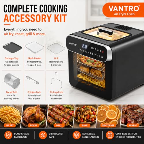 Image of VANTRO 13L Digital Air Fryer Oven | 1800W | Top Glass Viewing Window | 360 Rapid Air Technology | Rotisserie, Bake, Grill, Roast | LED Touch Control | 6 Accessories