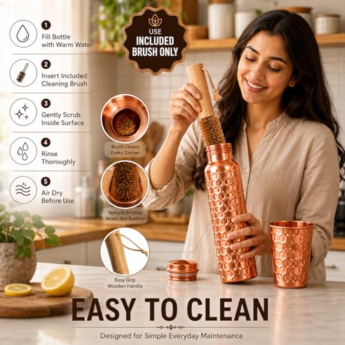 Image of 100% Pure Copper Water bottle 32 Oz with Cleaning brush, Diamond Design | Drink More Water, Lower Your Sugar Intake And Enjoy the Health Benefits Immediately,32 Oz(1 Brush +1Bottle+ 1 Glass) Diamond