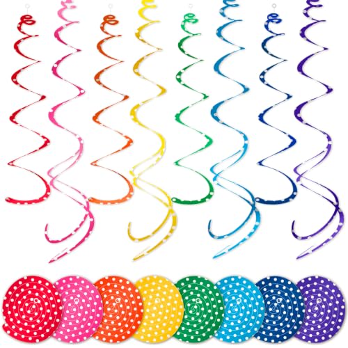 Image of HonuGoGo 48-Piece Paper Swirl Decorations for Ceiling, Bright Polka Dot Multi-Color Single & Double Spiral Hanging Decor with Playful Style for Birthday Parties, Carnival & Classroom Celebrations