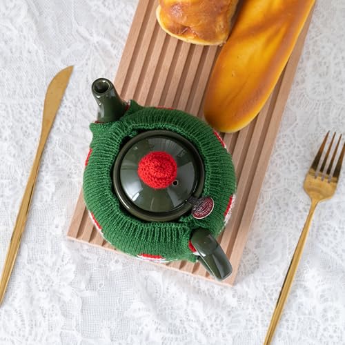 Image of British Hand Knit Teapot Cosy, Detachable Lid & Body Acrylic Insulated Sleeve with Buttons, Thermal Cover for 4 Cup 34-40oz Teapots, Hot & Cold Retention, 4 Styles Option，green