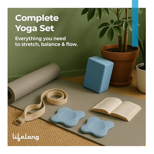 Image of Lifelong Yoga combo set of 5 For Men And Women I 4mm Yoga mat, 6ft Belt, Yoga block, 2 Knee Pad