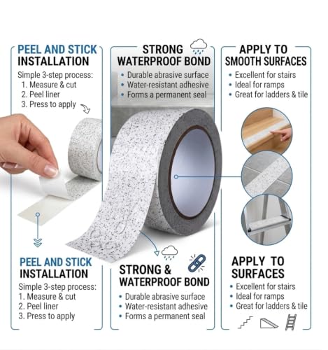 Image of Marble Pattern Anti-Slip Traction Tape - 2 inch x 16' (80 Grit), Waterproof Non-Slip Grip Tape for Indoor & Outdoor Stairs, Ramps, Ladders, Walkways - White Marble Finish, Heavy-Duty Adhesive