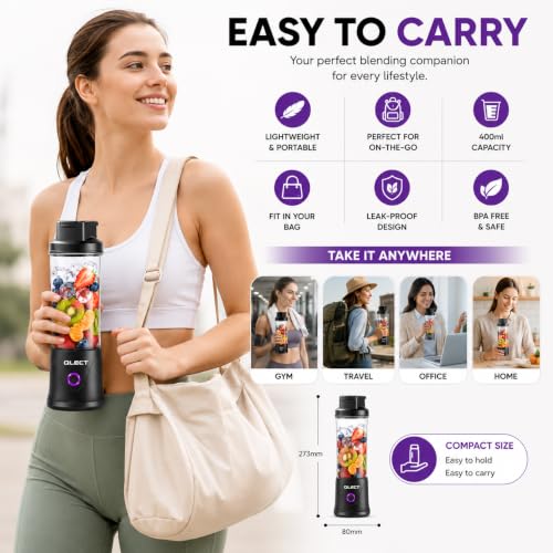 Image of QLECT Portable Juicer Blender 400ML, 22 Stainless Steel Blades, 3000mAh Battery, 7.4V Motor, USB Type-C Rechargeable Smoothie Maker for Fruits, Protein Shakes & Travel(Black)