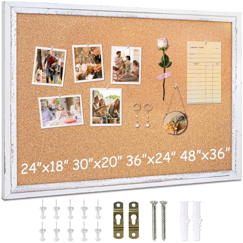 DOLLAR BOSS White Cork Board for Wall - 24 X 18 Inches, Rustic Wooden Frame Bulletin Board, Decorative Hanging Pin Board for Office & Home Decor