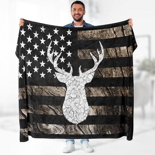 American Flag Deer Blanket Gifts - Hunting Camo Deer USA PatrioticTheme US Throw for Veteran Kids Men Boys Adults Bedroom Travel Camping Decor Soft Birthday Christmas Lightweight Blanket 50"x60"