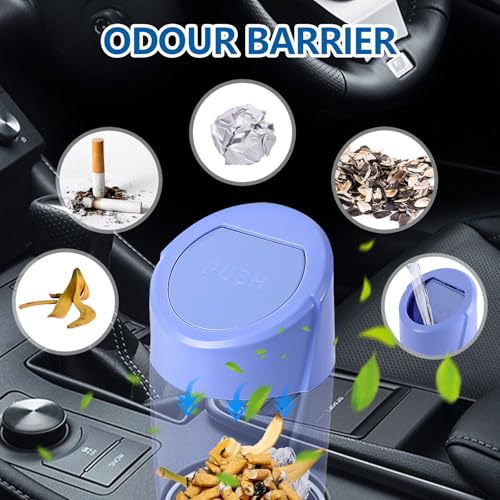 Image of Hovom Mini Car Trash Can with Lid, Portable Garbage Can for Car, Leakproof Cup Holder Automotive Garbage Bin with 2 Rolls of Trash Bags, Small Trash Storage Can for Car Home Office(Dark Blue)