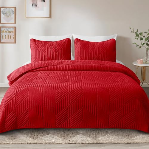 Exclusivo Mezcla California King Quilt Bedding Set, Lightweight Red Oversized King Bedspreads Soft Modern Geometric Coverlet Set for All Seasons (1 Quilt and 2 Pillow Shams)
