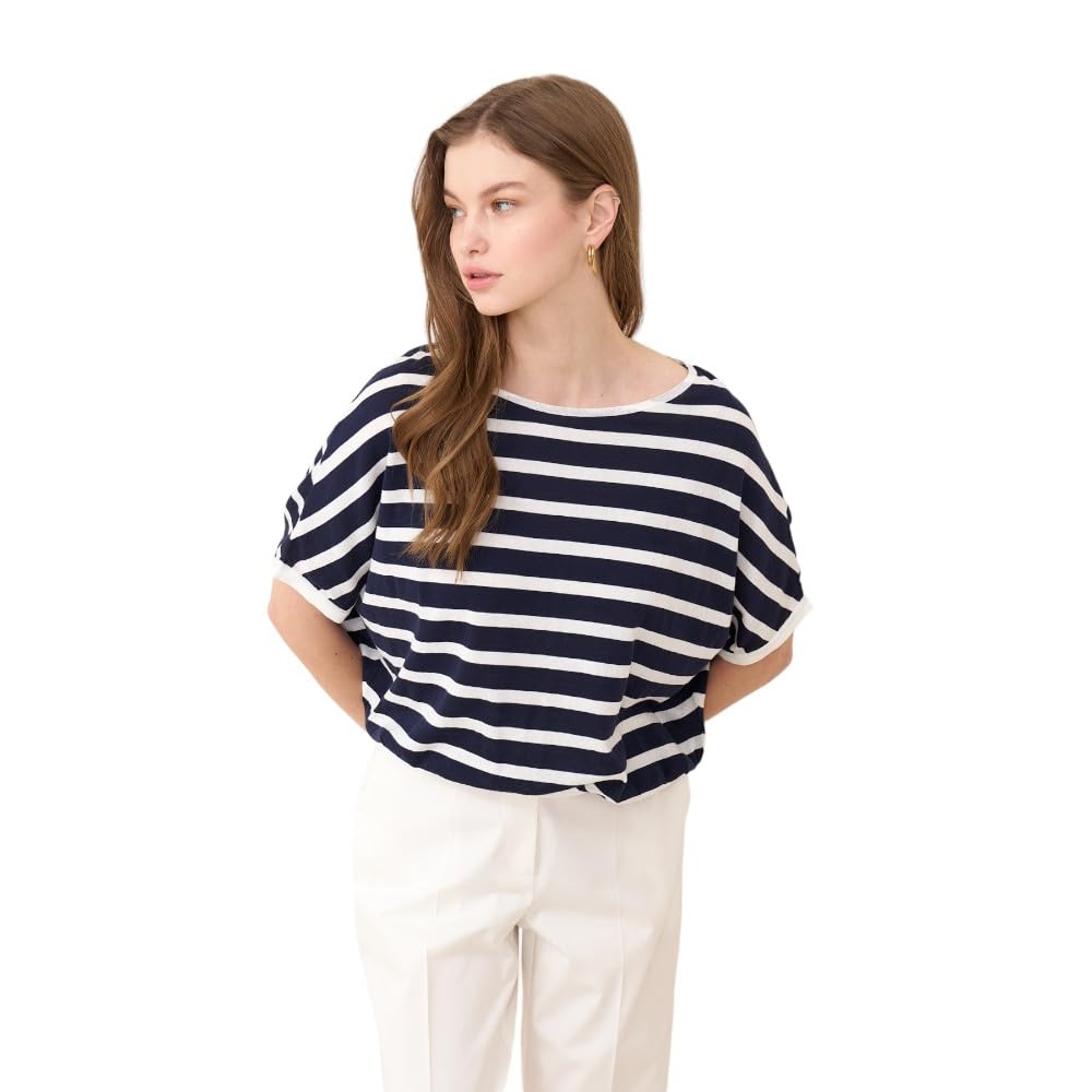 RomanNavy and White Striped Blouse for Women with Batwing Sleeves - 100% Cotton, Perfect for Casual and Office Wear