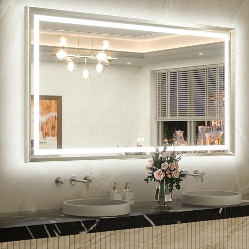 TETOTE 60 x 36 Large Bathroom Mirror Brushed Bright Nickel Metal Frame Frontlit & Backlit Vanity Mirror 3 Colors White/Warm/Natural Stepless Dimmable Anti-Fog Bathroom Mirrors for Vanity Wall-Mounted