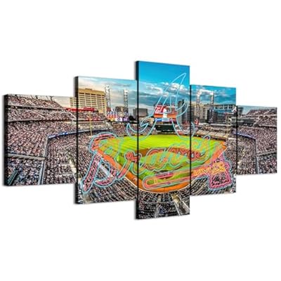 Atlanta Baseball Stadium Panoramic Poster With Neon effect Braves Sign (5-Panel Framed Canvas Printing Full Size: 60x100cm) Home Decor Man Cave Wall Art