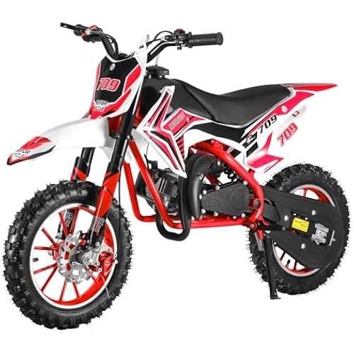 cdar 49cc Kids Dirt Bike, 2-Stroke Gas Power Motocross Off-Road Tires Shock Absorption Springs Soft Seat Cushion Pocket Motorbike with Front Rear Disc Brakes (Red+Black)