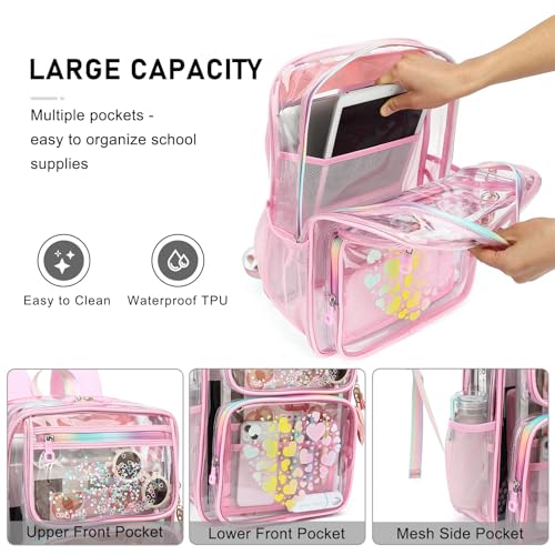 Clear Backpacks for School Girls, Heavy Duty TPU Transparent Bookbags Stadium Events Approved See Through Backpack (Pink)3