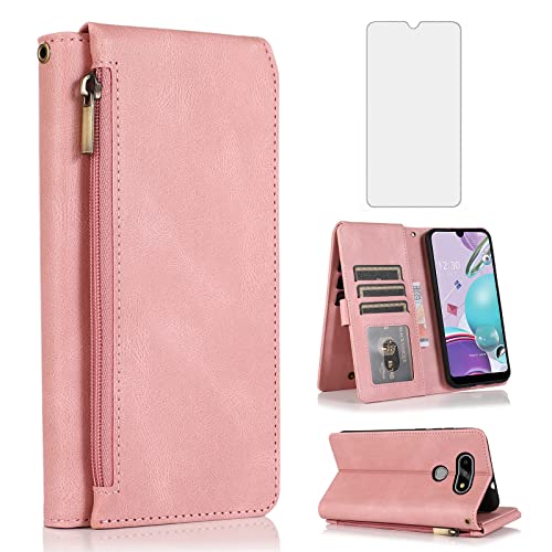 Compatible with LG Aristo 5/K31/Fortune 3/Phoenix 5/K8x/Tribute Monarch/Risio 4 Wallet Case Tempered Glass Screen Protector Flip Cover Card Holder LGK31 Rebel K 31 Aristo5 Plus Risio4 2020 Rose Gold