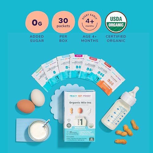 Ready Set Food! | Stage 1 – 30 Days + Stage 2 – 60 Days + Stage 3 – 90 Days | Early Allergen Introduction Mix-ins for Babies 4+ Mo | Top 9 Allergens (Peanut, Egg, Milk & more | Organic