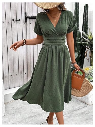 GORGLITTER Women's Wrap V Neck A Line Flowy Maxi Dress Summer Short Sleeve Ruched Smocked Holiday Beach Dresses Green Medium - Image 2