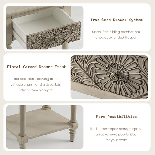 SUNBURY Vintage Nightstand with Drawer, Wood Small Bedside Table with Open Shelf, Shabby Accent End Side Table for Living Room, Bedroom - Thumbnail 4